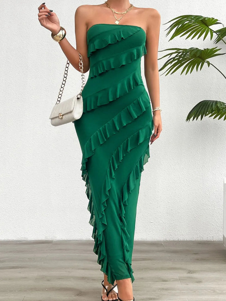 Stunning green strapless maxi tube dress for women, featuring a high slit; ideal for elegant parties & occasions.