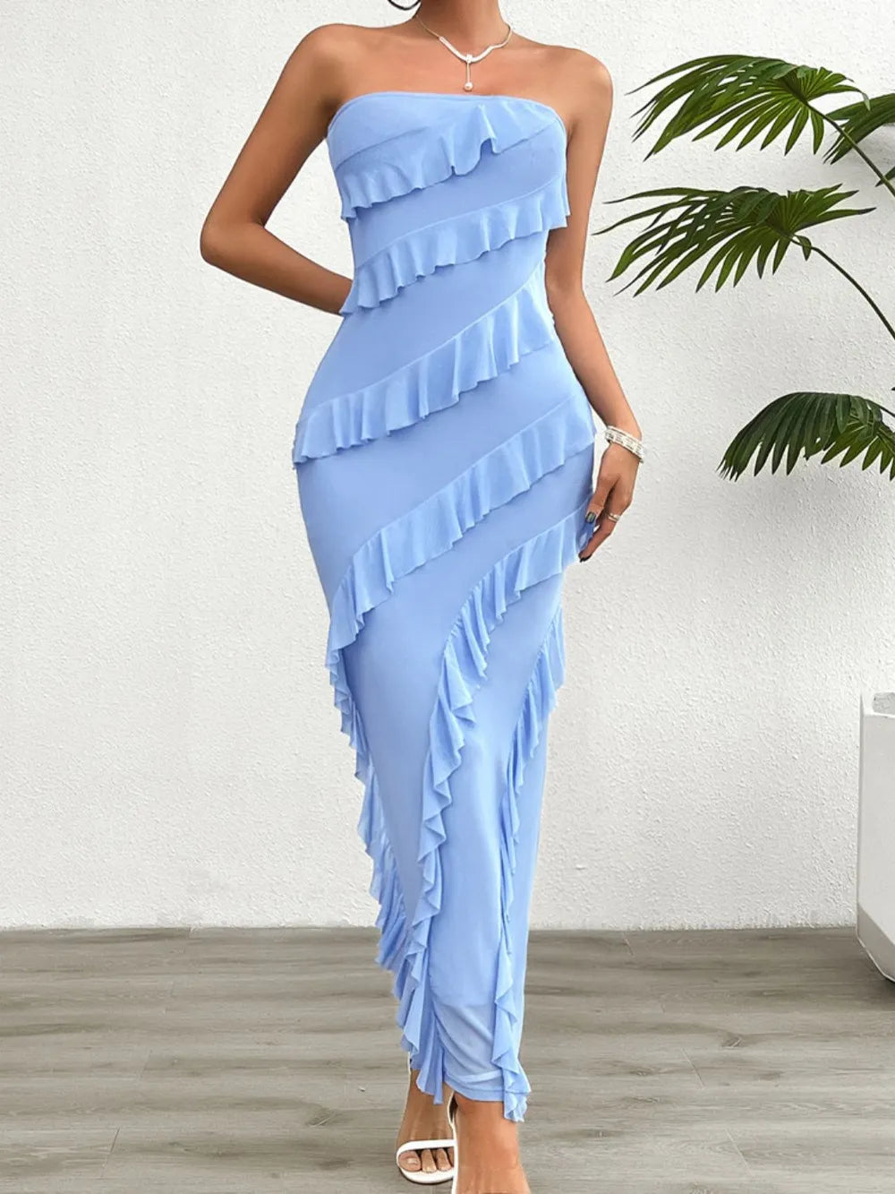 Flowy light blue strapless ruffle maxi dress for women, ideal as a bridesmaid, formal, or spring occasion dress.