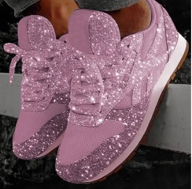 Sparkling women's glitter platform sneakers; comfortable, height-increasing chunky fashion footwear.