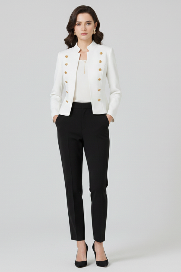 Textured fabric of a women's classic tailored blazer jacket, ideal for versatile professional and office fashion.