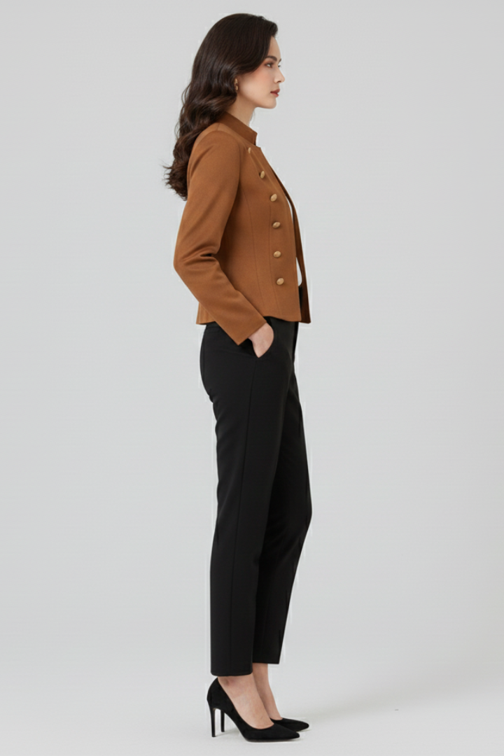 Back view of a structured women's suit jacket, showcasing its clean lines and professional silhouette.