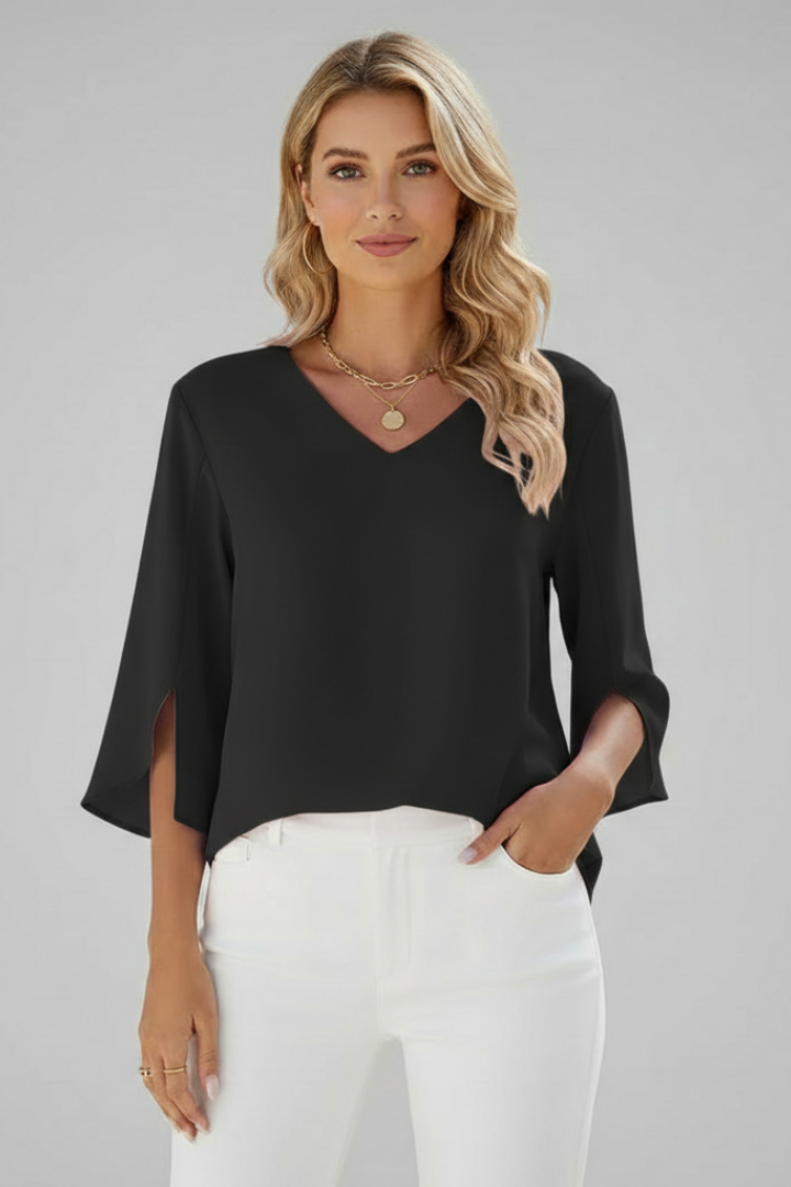 Wardrobe staple: women's elegant V-neck short-sleeve blouse. Perfect for casual, office, summer style.