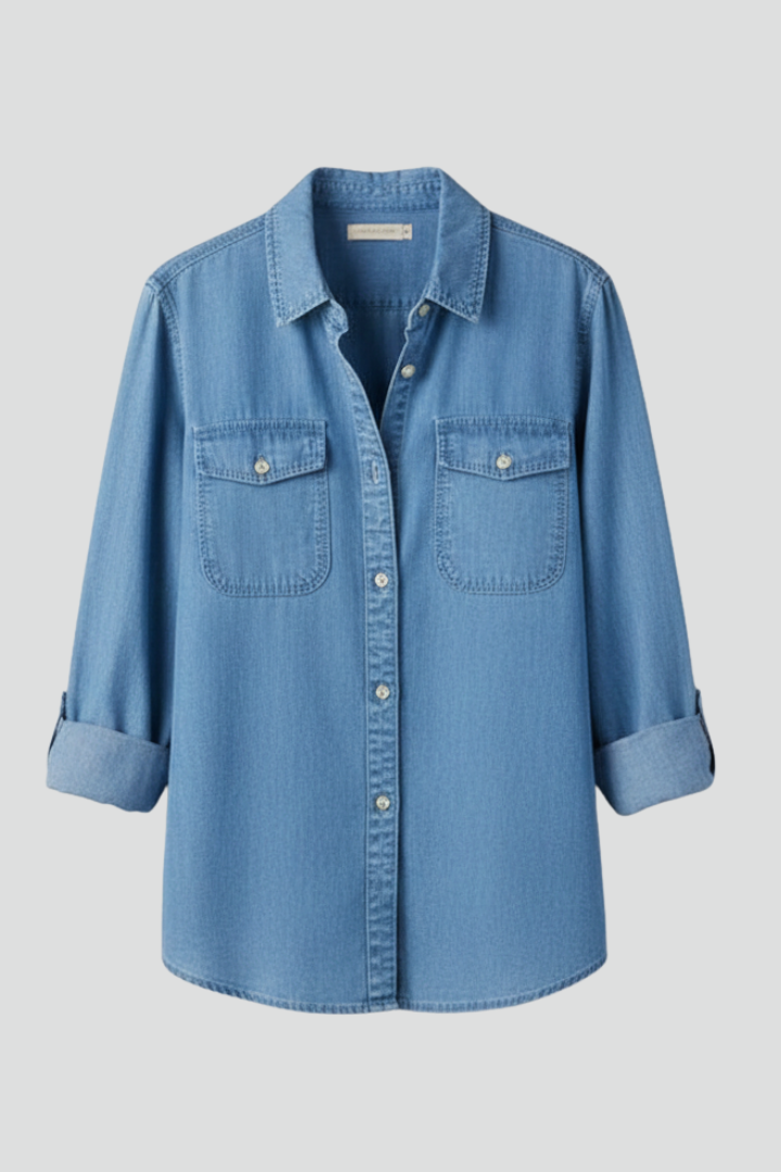 Women's light blue long sleeve button-down blouse in western style, perfect for casual daily wear.