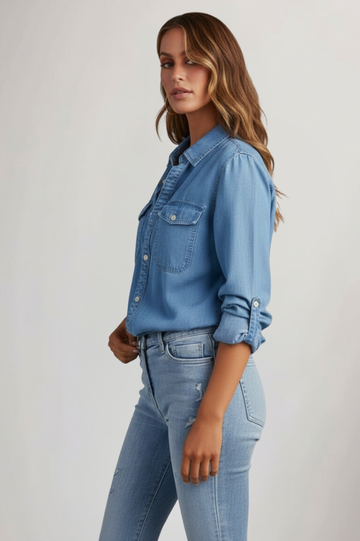 Women's versatile light blue long sleeve button-down blouse, a chic western style casual top.