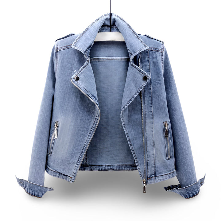 Stylish women's blue cropped moto jacket with zip closure, perfect for casual spring fashion & layering.
