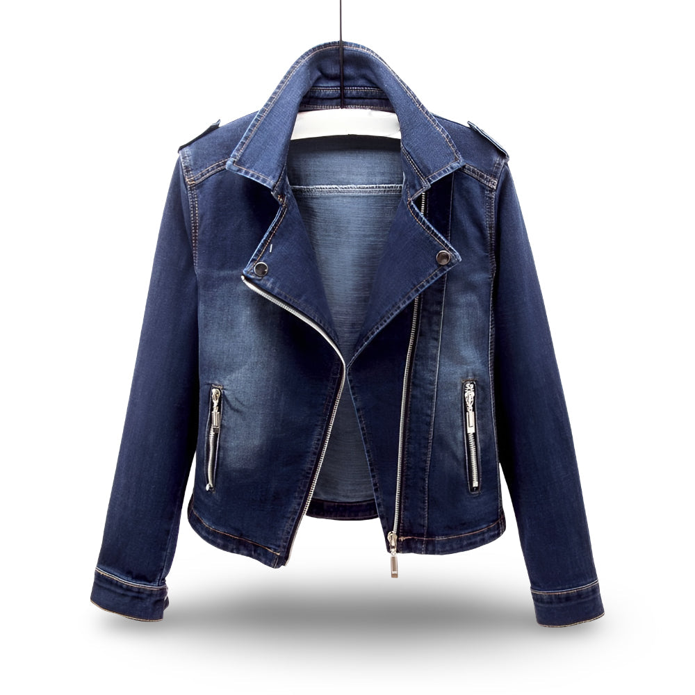 Fashionable women's cropped blue moto jacket, a versatile zip coat for casual wear & stylish outfits.