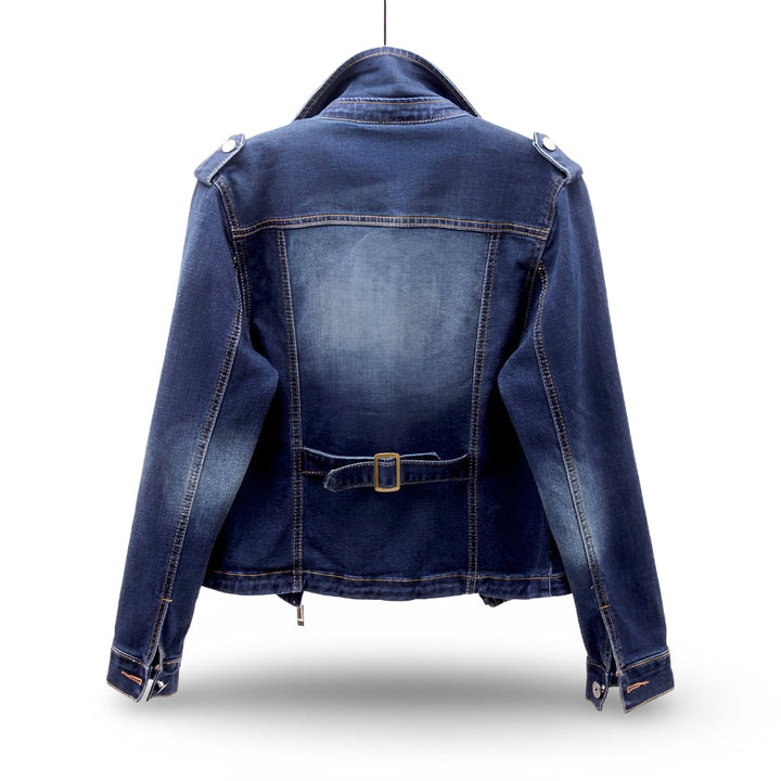 Women's blue cropped moto zip jacket. Trendy outerwear for fashion-forward layering in spring or autumn.