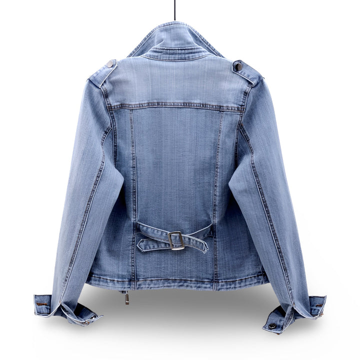Blue women's cropped moto zip jacket, a fashionable outerwear piece for autumn and spring layering.