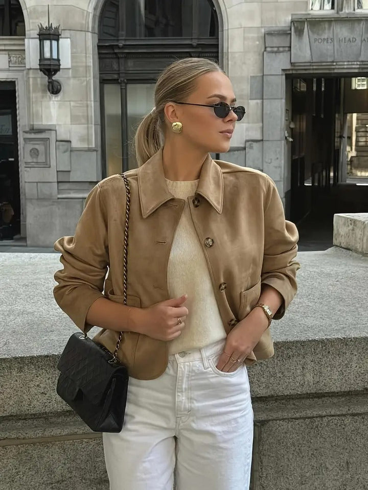 Chic women's button-down jacket, a classic style outerwear piece for spring & fall fashion versatility.