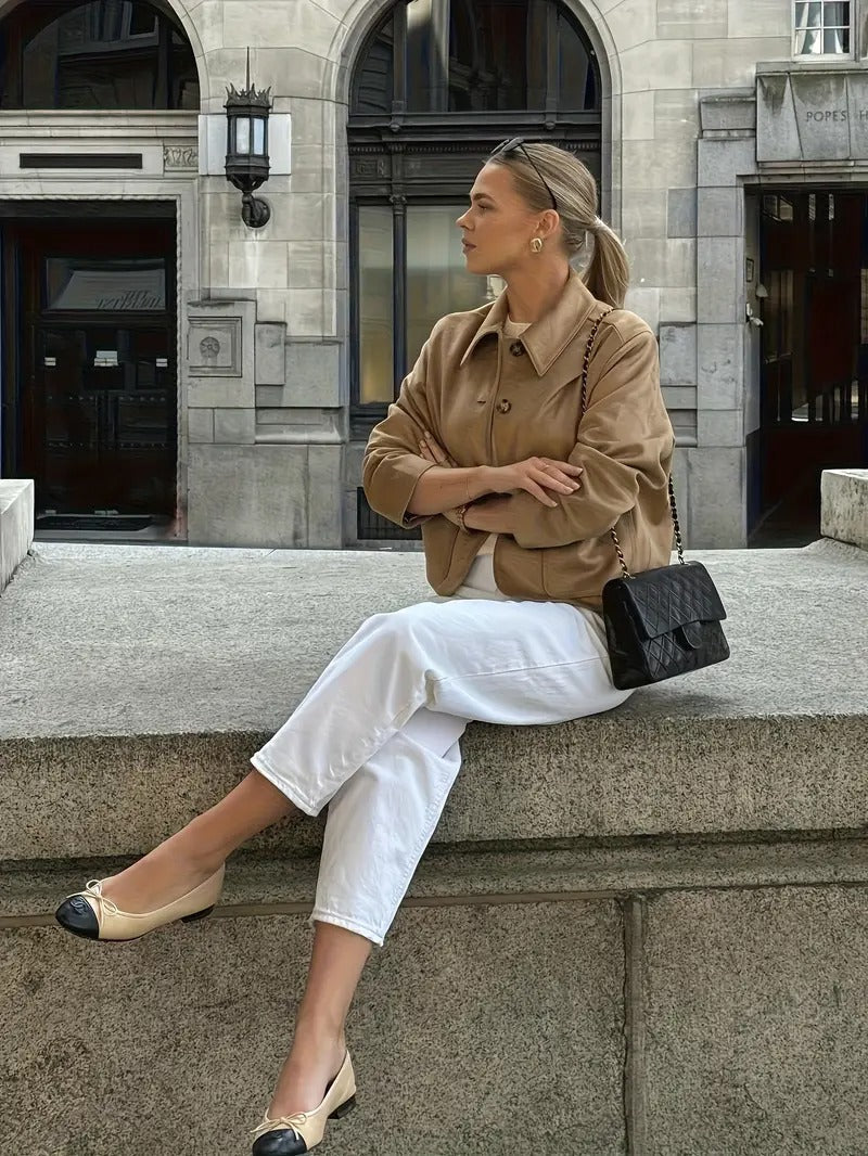 Sophisticated women's taupe button-down jacket, an elegant outerwear choice for every occasion & layering.