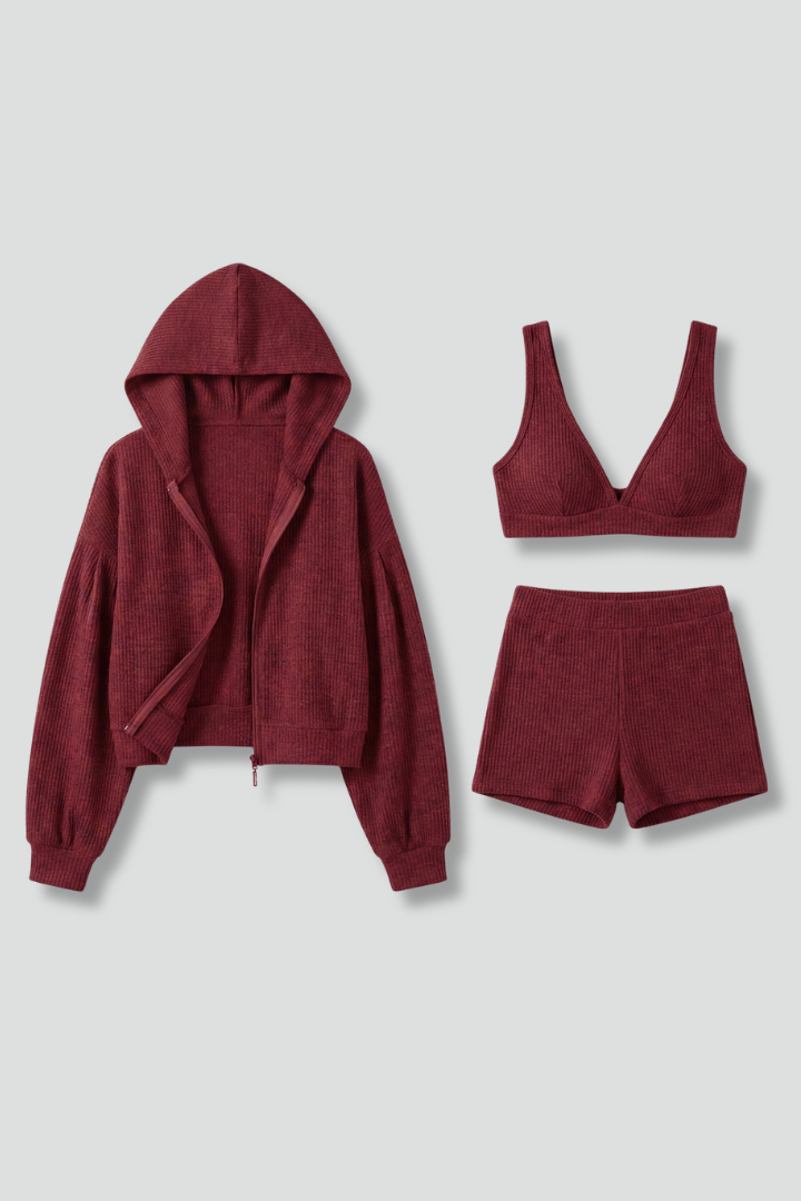 Versatile women's casual 3-piece outfit with hooded jacket, bralette, and shorts. Cozy chic for everyday wear.