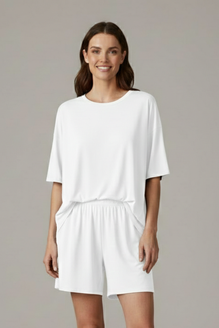 Everyday women's casual set with comfy crew neck top & loose elastic waist shorts. Summer perfect.