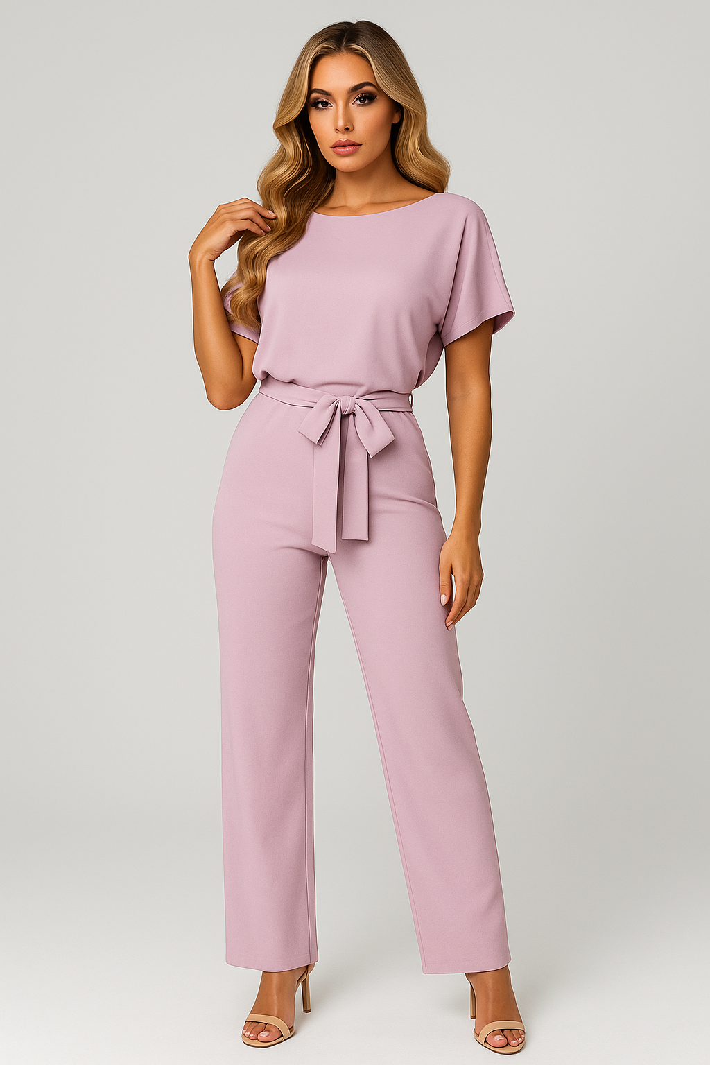 Chic wide-leg jumpsuit for women with an elegant belt, offering a comfortable and stylish one-piece fashion statement.