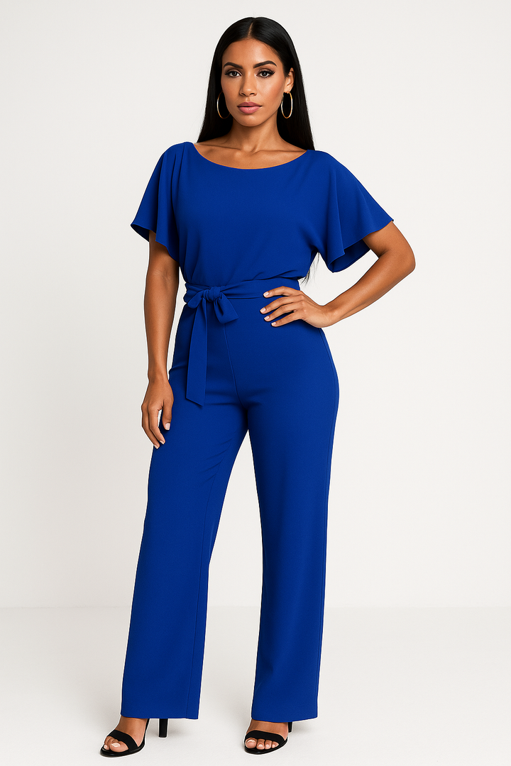 Comfortable women's elegant jumpsuit, featuring a cinched belted waist and flowing wide-leg for effortless style.
