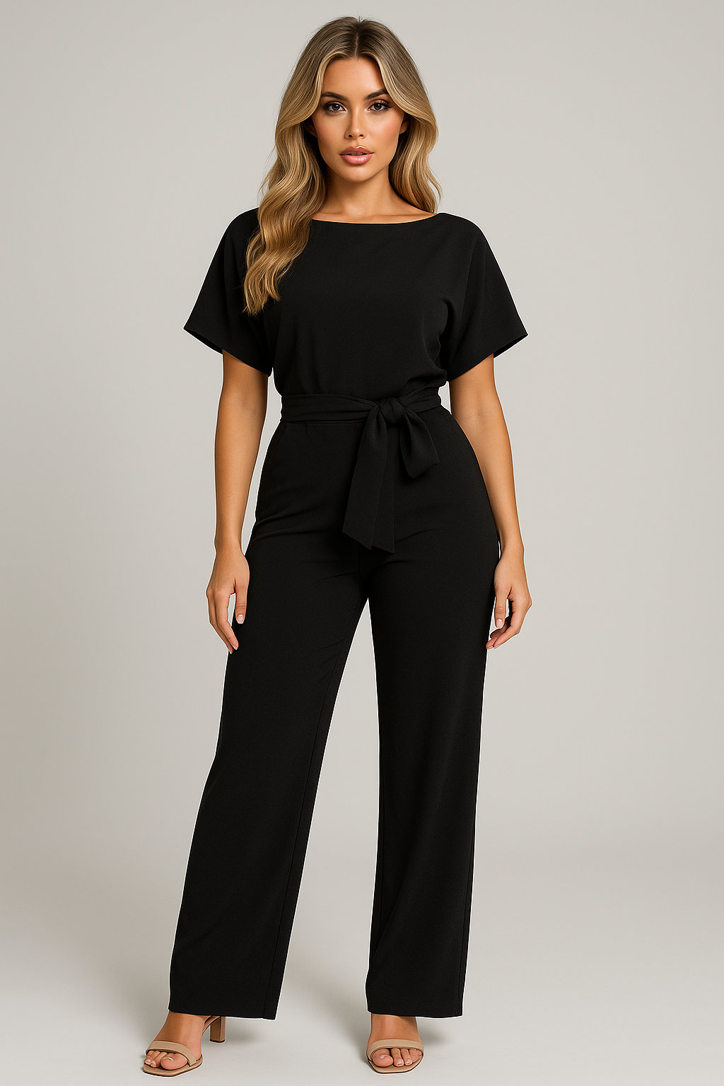 Sophisticated women's belted wide-leg jumpsuit, a versatile one-piece for modern office wear or elegant events.