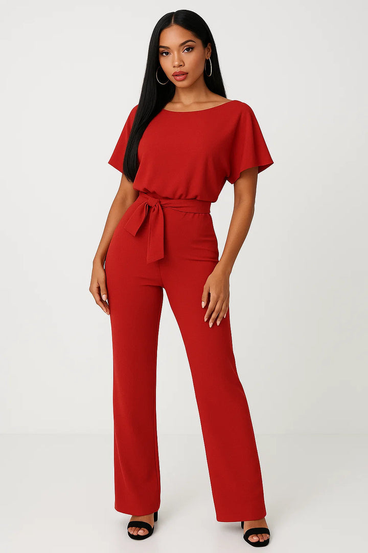 Full shot of women's elegant belted jumpsuit, showcasing its wide-leg design and effortless chic for any occasion.
