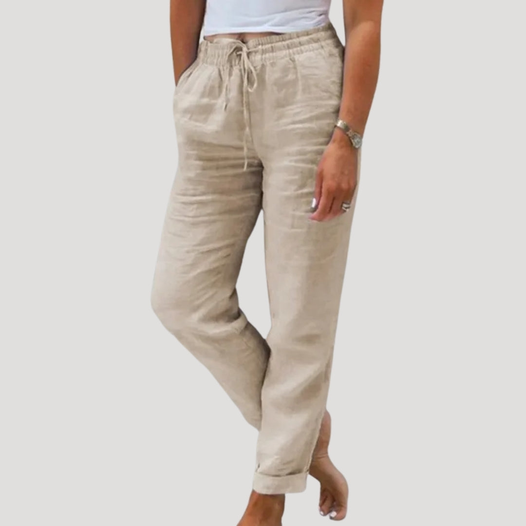 Breathable women's linen trousers in a lightweight fabric for ultimate summer comfort. Casual drawstring pants.