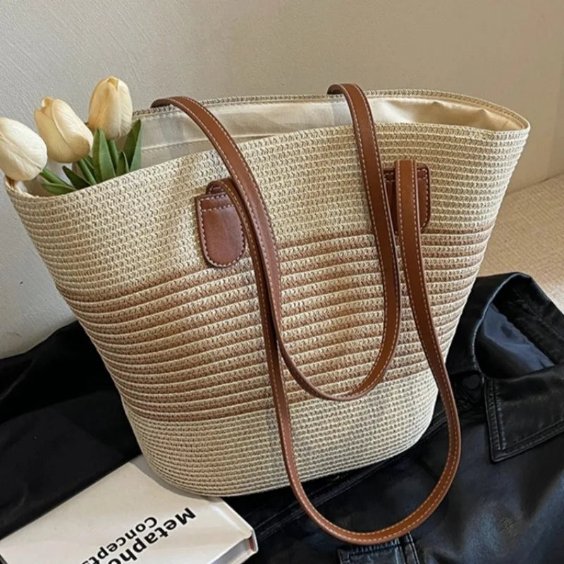 Women's two-tone shoulder beach tote bag, perfect for summer outings.