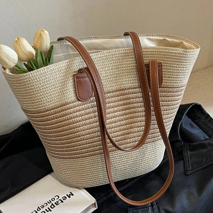 Women's two-tone shoulder beach tote bag, perfect for summer outings.