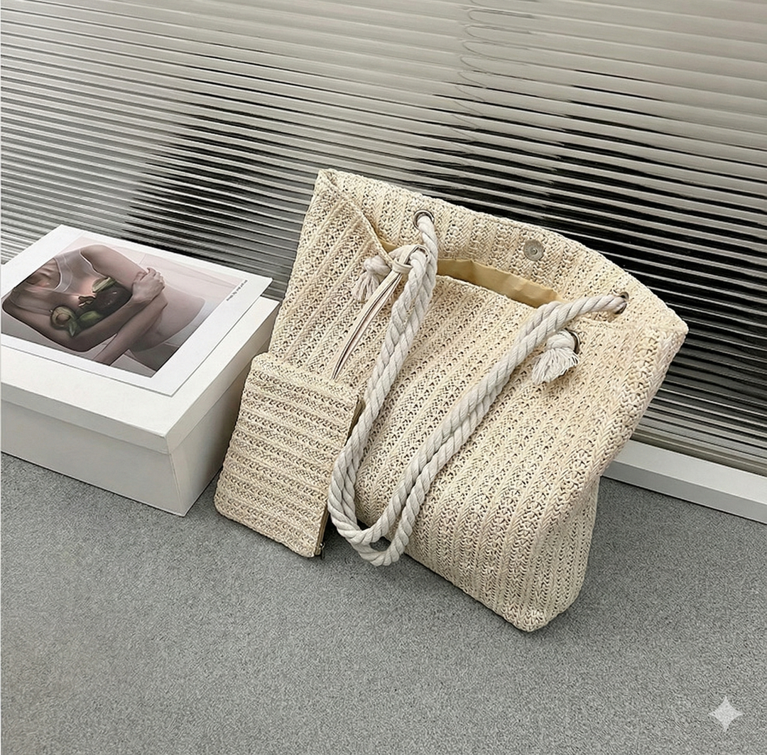 Textured woven women's beach bag set, featuring durable rope handles and a chic summer vacation design.