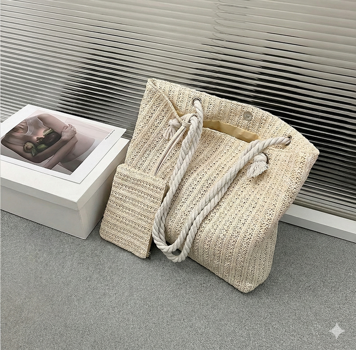Textured woven women's beach bag set, featuring durable rope handles and a chic summer vacation design.