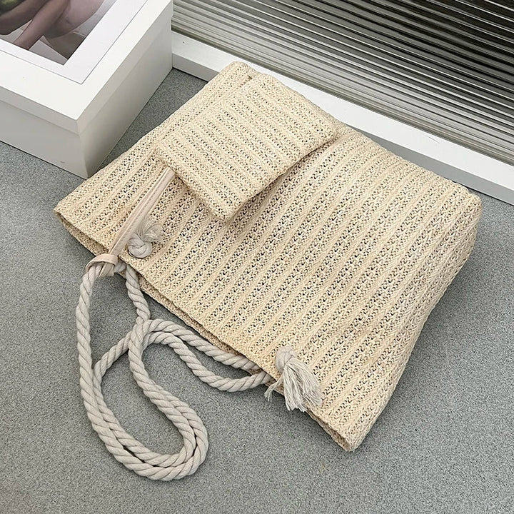 Matching women's beach tote bag set, a versatile summer accessory with comfortable rope shoulder straps.