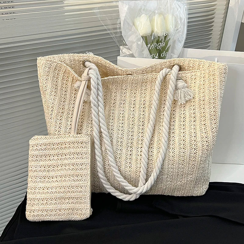 Women's woven beach tote bag set with natural rope handles. Perfect for summer vacations & casual outings.