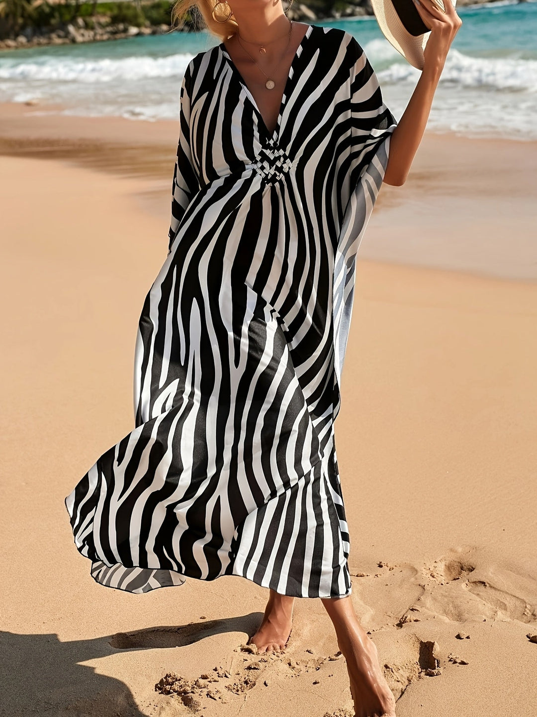Chic animal print V-neck maxi dress for women, a comfortable beach dress & resort wear for summer vacations.