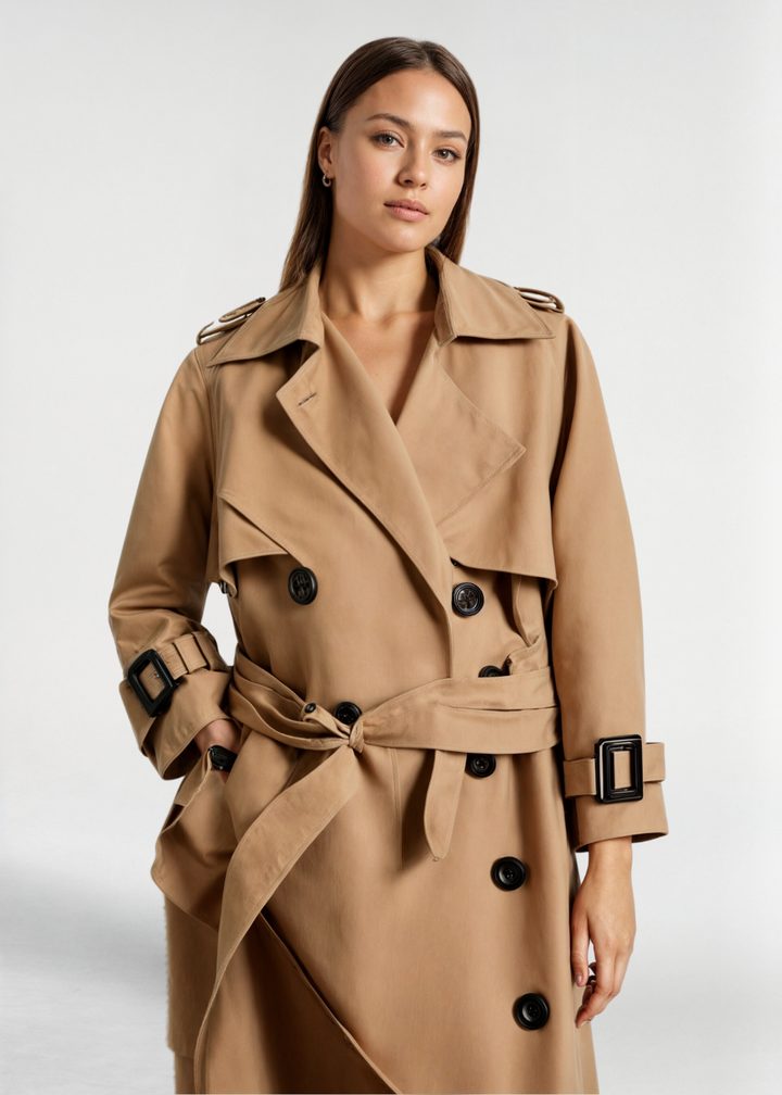 Elegant khaki double-breasted long trench coat for women, featuring epaulettes & buckled cuffs.