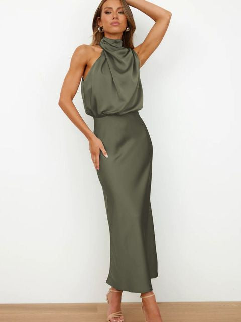 Sleeveless halter neck midi formal dress for women, chic and elegant for any special occasion.