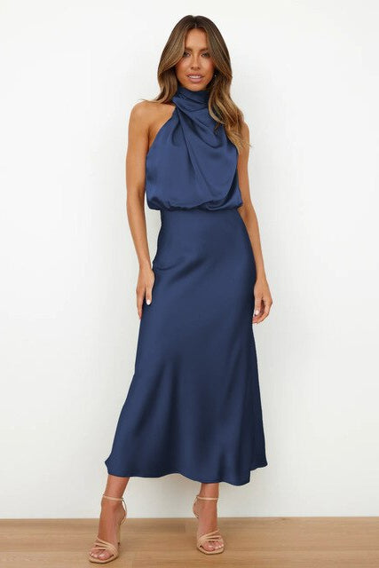 Elegant women's halter neck midi formal dress, perfect for cocktail parties or special occasions.
