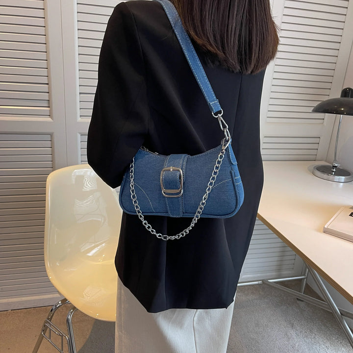 View of women's two-way shoulder handbag with sleek buckle, ideal as a fashionable everyday bag.