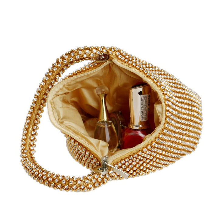 Elegant gold rhinestone evening clutch, perfect women's formal bag for parties & cocktails.