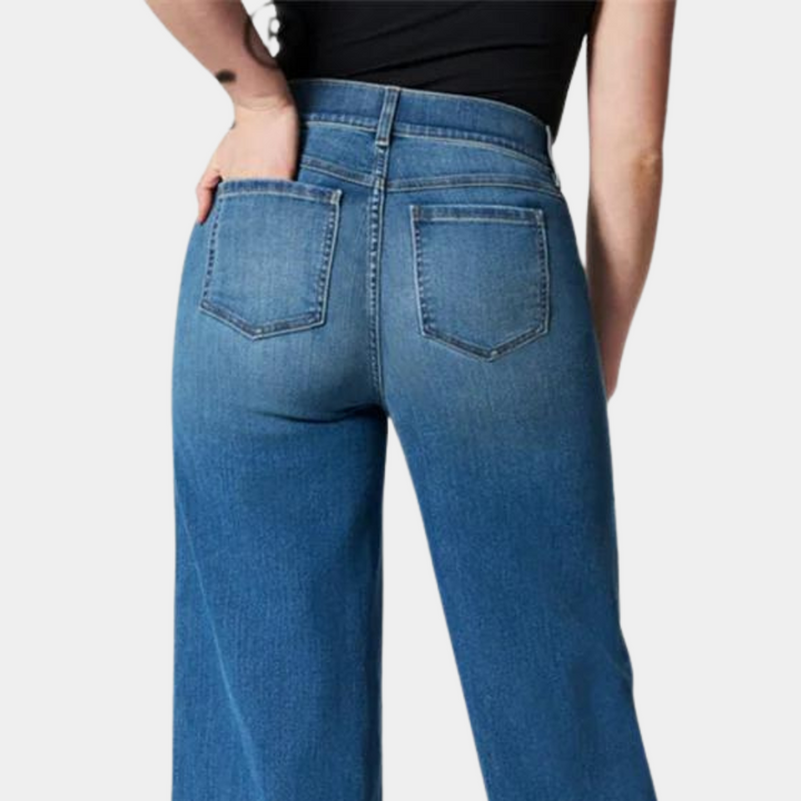 Versatile women's high waisted wide leg jeans with stretch comfort. Effortless modern style for relaxed everyday wear.