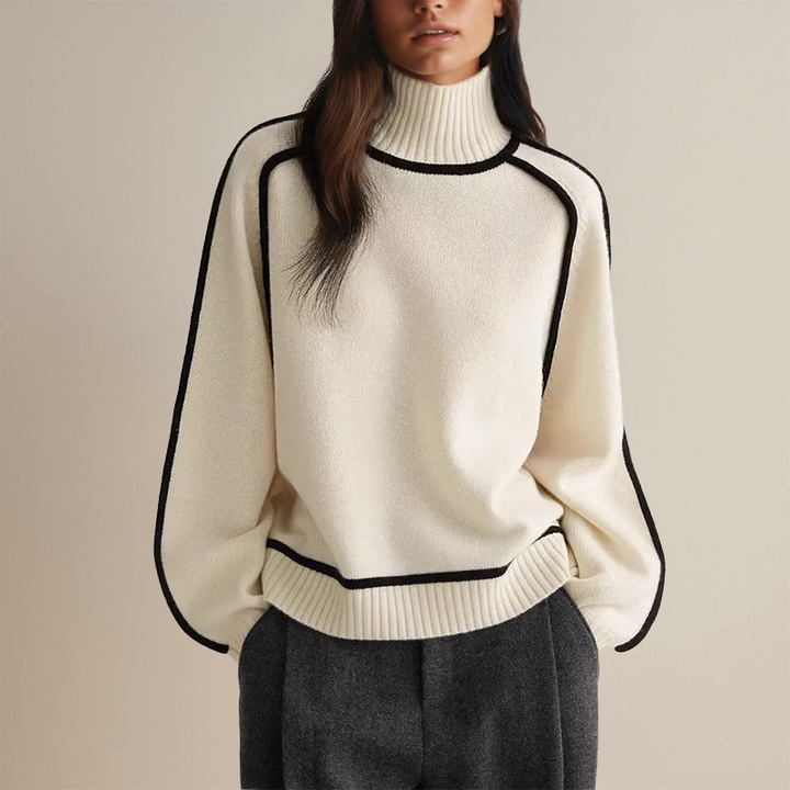 Versatile women's turtleneck jumper with contrast trim, suitable for elegant office wear or casual chic outings.