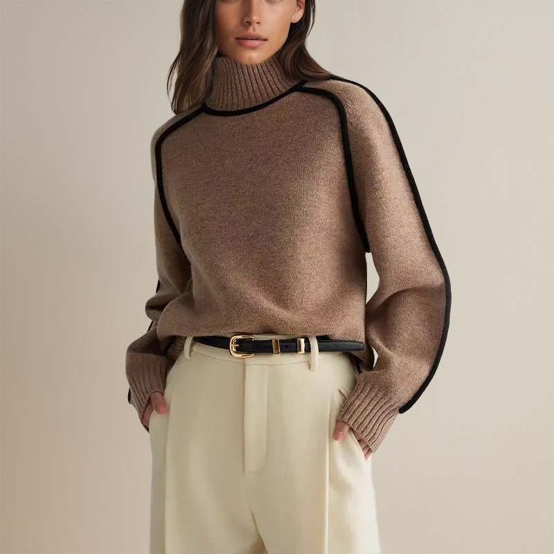 Elegant women's turtleneck jumper with chic contrast trim. Perfect for fall & winter layering or office wear.