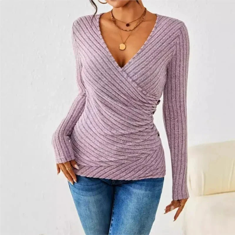 Green women's ribbed long sleeve wrap top. Casual yet elegant V-neck design for everyday fashion.