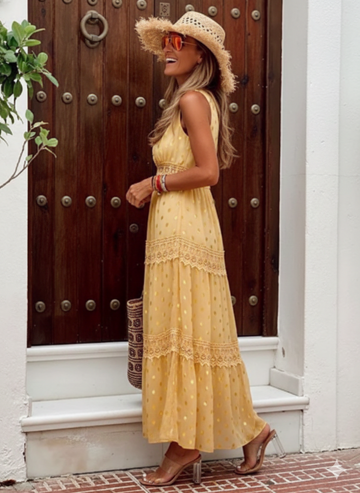 Bohemian sleeveless maxi dress for women, featuring a vibrant pattern, perfect for warm weather.