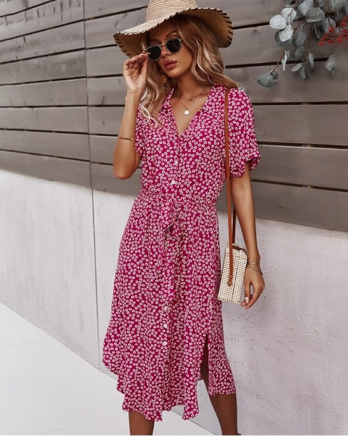 Stylish women's day dress with a floral print, perfect for summer outings, beach vacations, or casual wear.