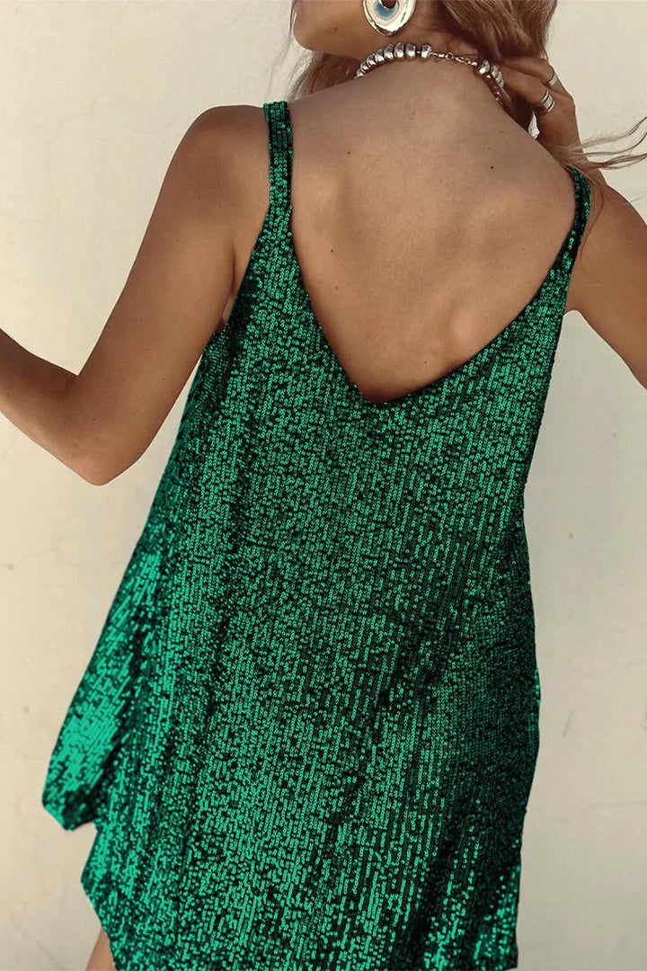 Dazzling women's sleeveless sequin V-neck mini dress. Stunning for parties, cocktails, and evening events.