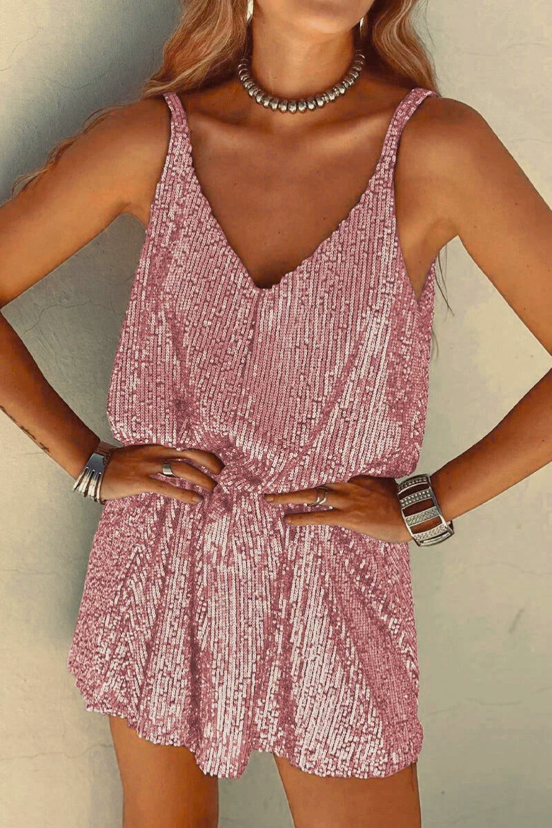 Sleeveless V-neck sequin mini dress. Dazzling women's party wear, perfect for cocktails and festive events.