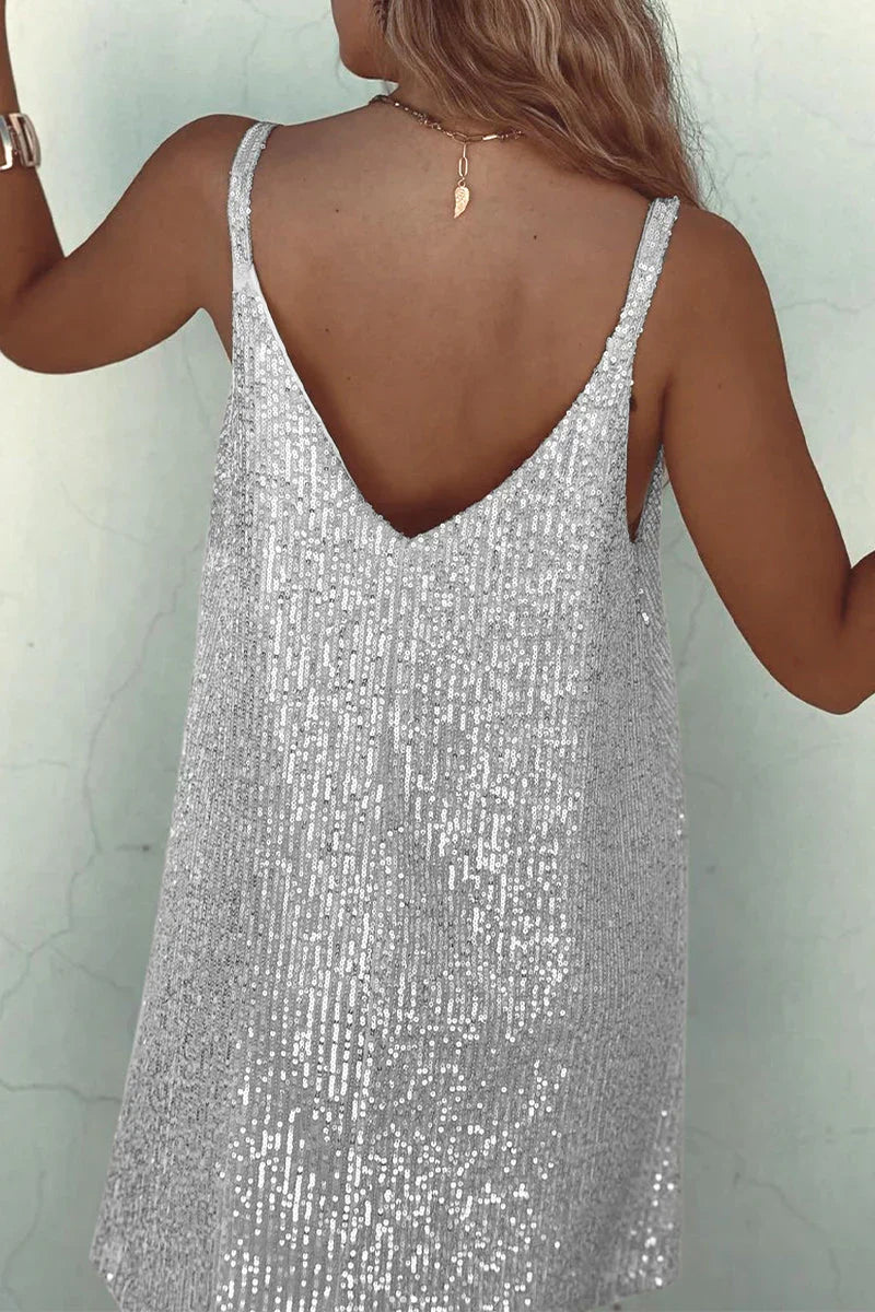 Chic women's sequin mini dress with a V-neck. Perfect for glamorous parties, cocktails, and evening events.