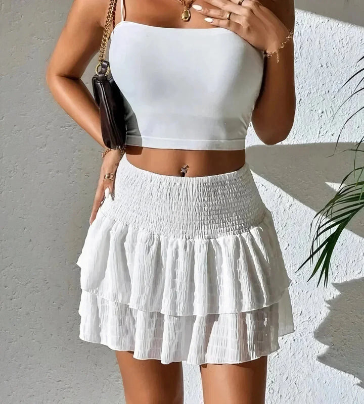 Lightweight layered A-line mini skirt for women. Comfortable summer fashion, ideal resort wear & casual women's bottom.