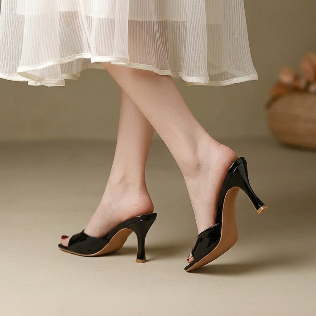 Chic open toe slip-on mules for women, featuring a comfortable square heel. Versatile & stylish footwear.