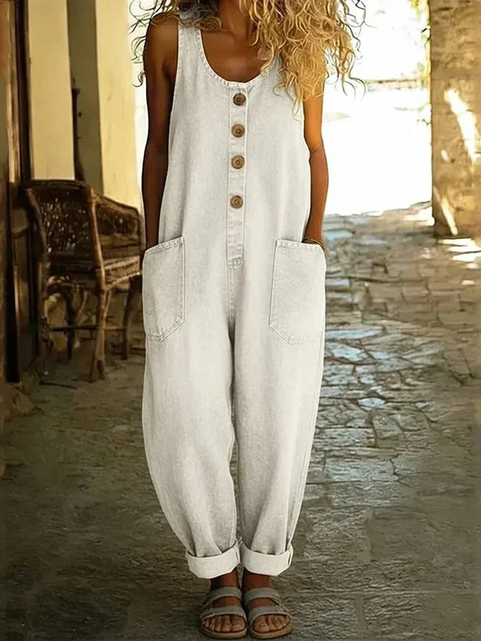 Chic women's wide-leg overalls, a stylish button-front jumpsuit with practical pockets for spring and summer fashion.