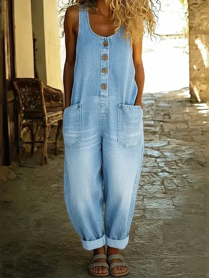 Women's wide-leg overalls with button-front, functional pockets, ideal for casual, chic summer and spring outfits.