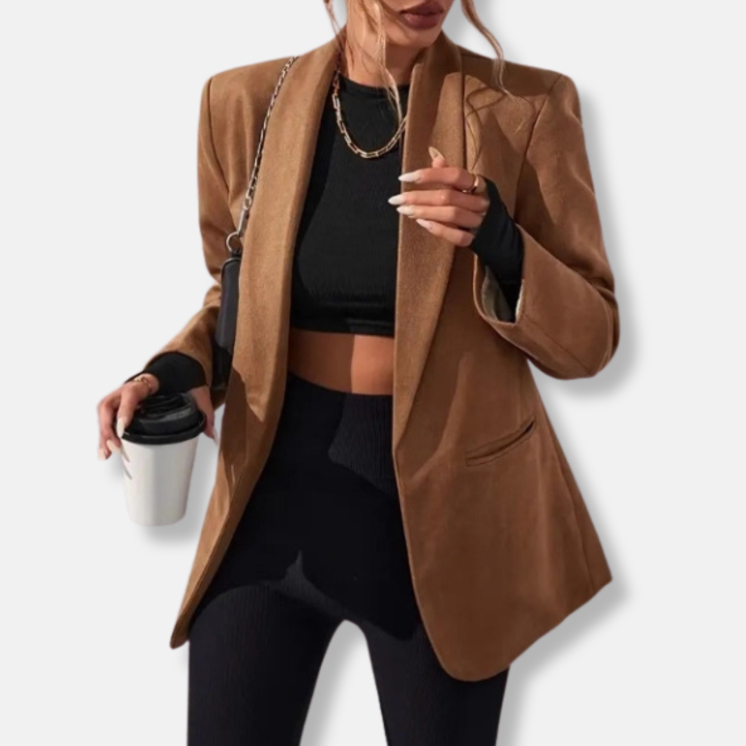 Chic women's oversized open front blazer with shawl collar in dark brown for professional wear & confidence.