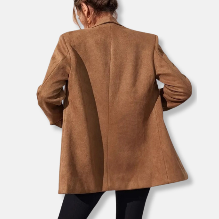 Stylish women's oversized dark brown blazer with a unique shawl collar. Ideal for effortless business casual layering.