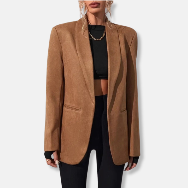 Women's oversized dark brown shawl collar blazer, perfect for business casual & stylish fall/winter layering.