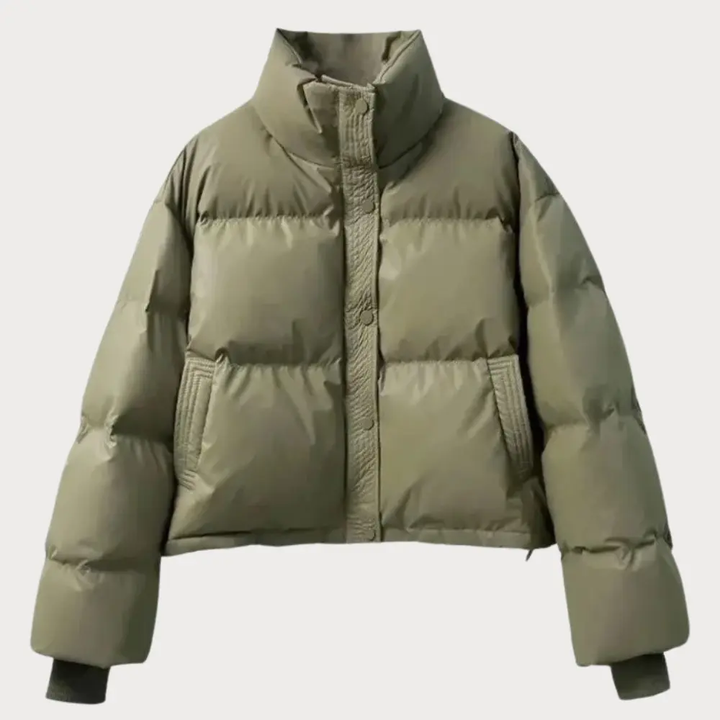 Versatile women's cropped puffer jacket, ideal for casual wear, featuring a comfy stand collar & snap closure.